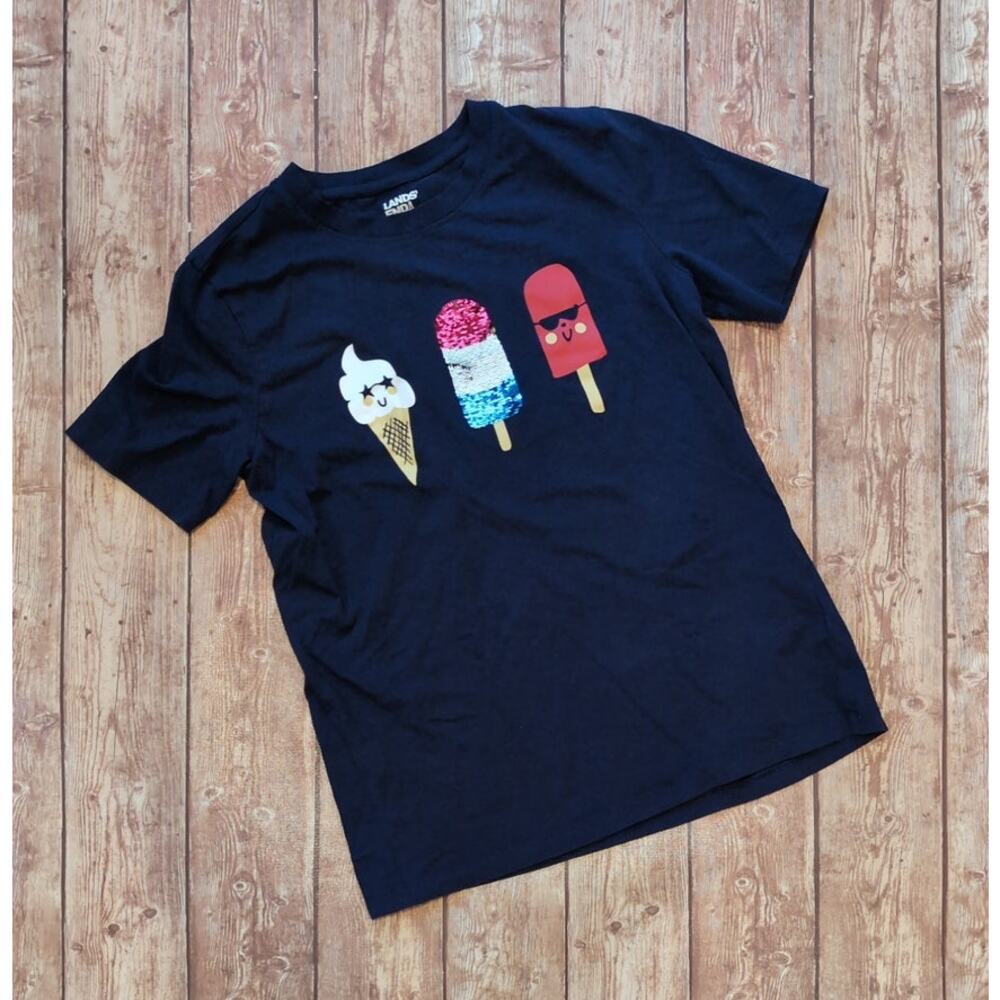 Lands' End Navy Blue Graphic Tee - Summer Treats - Popsicle Ice Cream Sequins XL